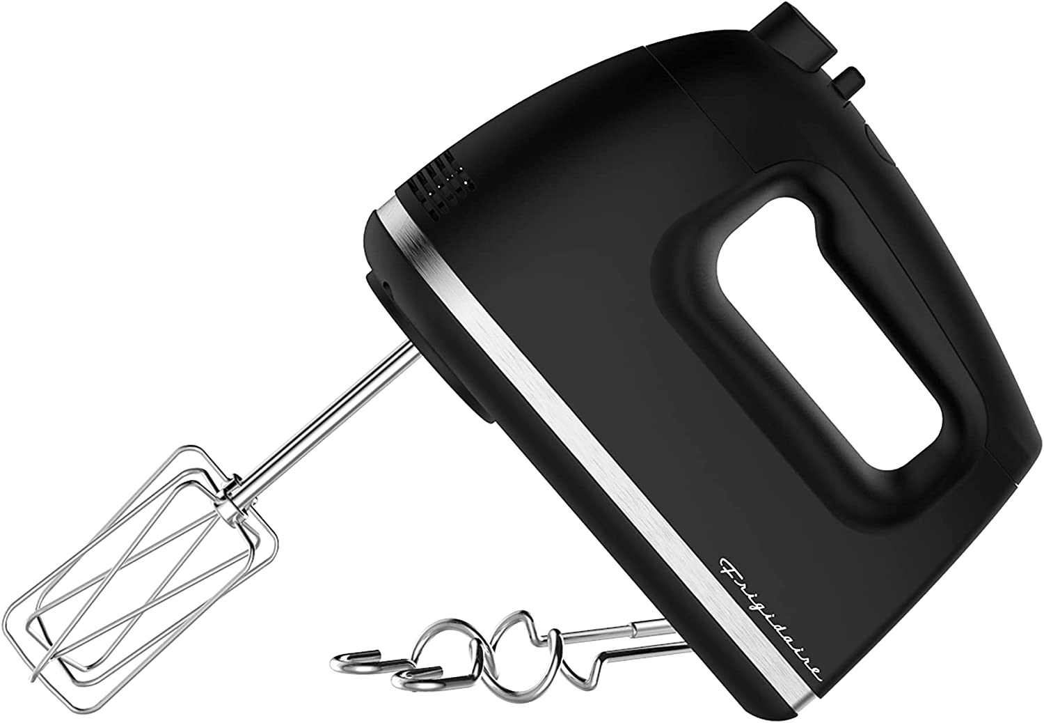 FRIGIDAIRE EHMX100-BLACK Hand Mixer Whisk with Chrome Beater, Dough Hook, 5 Speed and Turbo Button 250 w, 250w, Black Import To