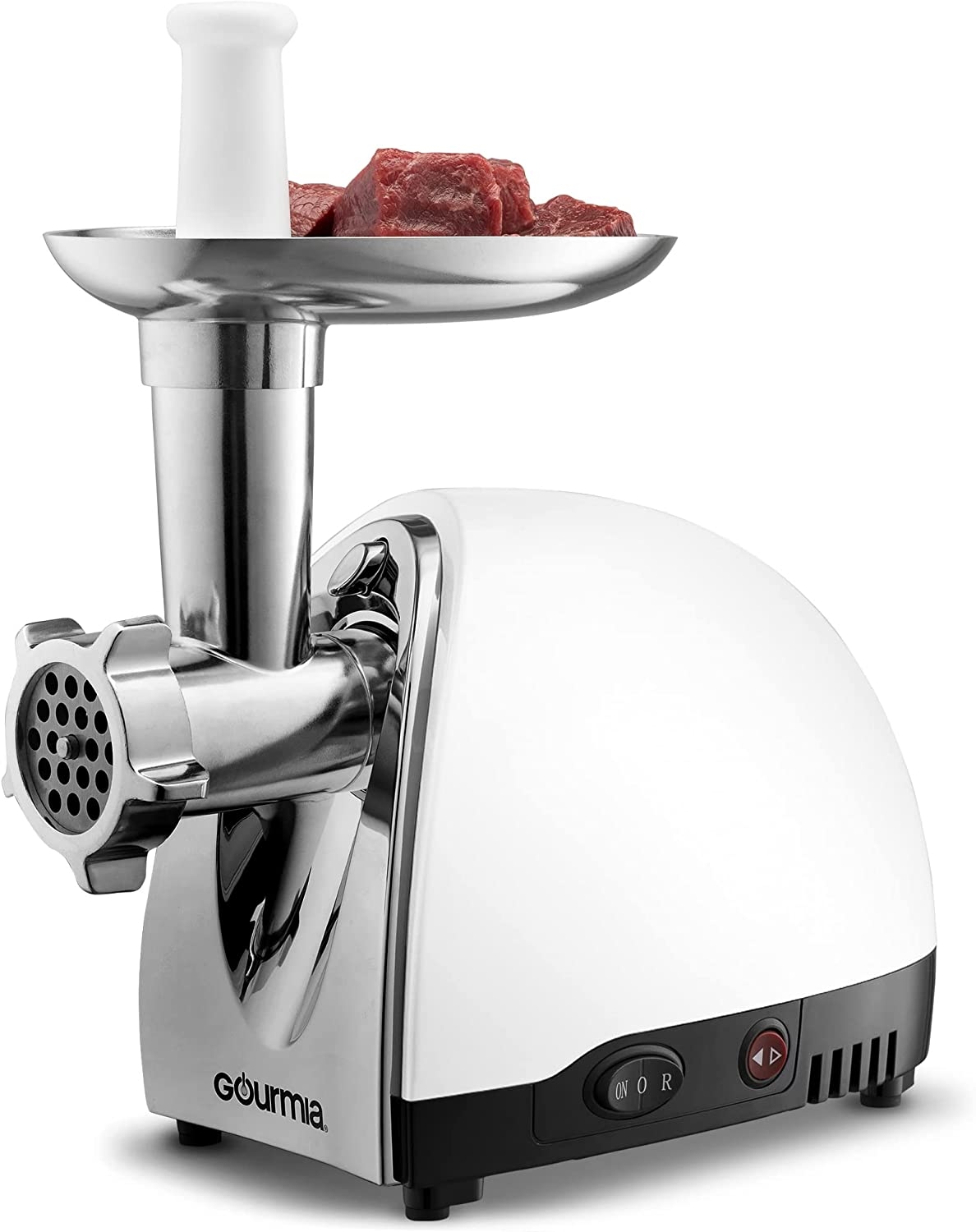 Gourmia Electric Meat Grinder 500 Watt 3 Stainless steel grind plates fine to coarse commercial meat grinder machine white and
