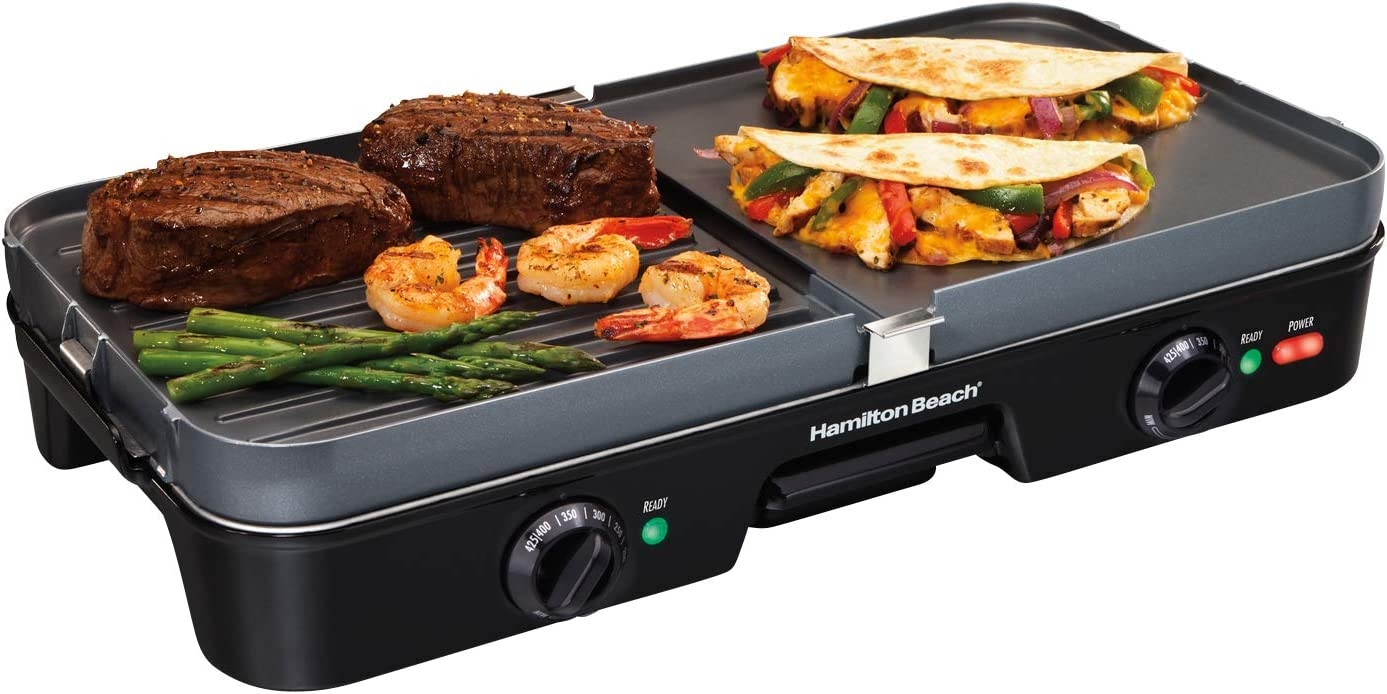 Hamilton Beach 3-in-1 Electric Indoor Grill + Griddle, 8-Serving, Reversible Nonstick Plates, 2 Cooking Zones with Adjustable