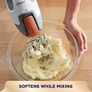 Oster 270-Watt Hand Mixer with HEATSOFT Technology and Whisk, Dough Hooks, and Storage Case