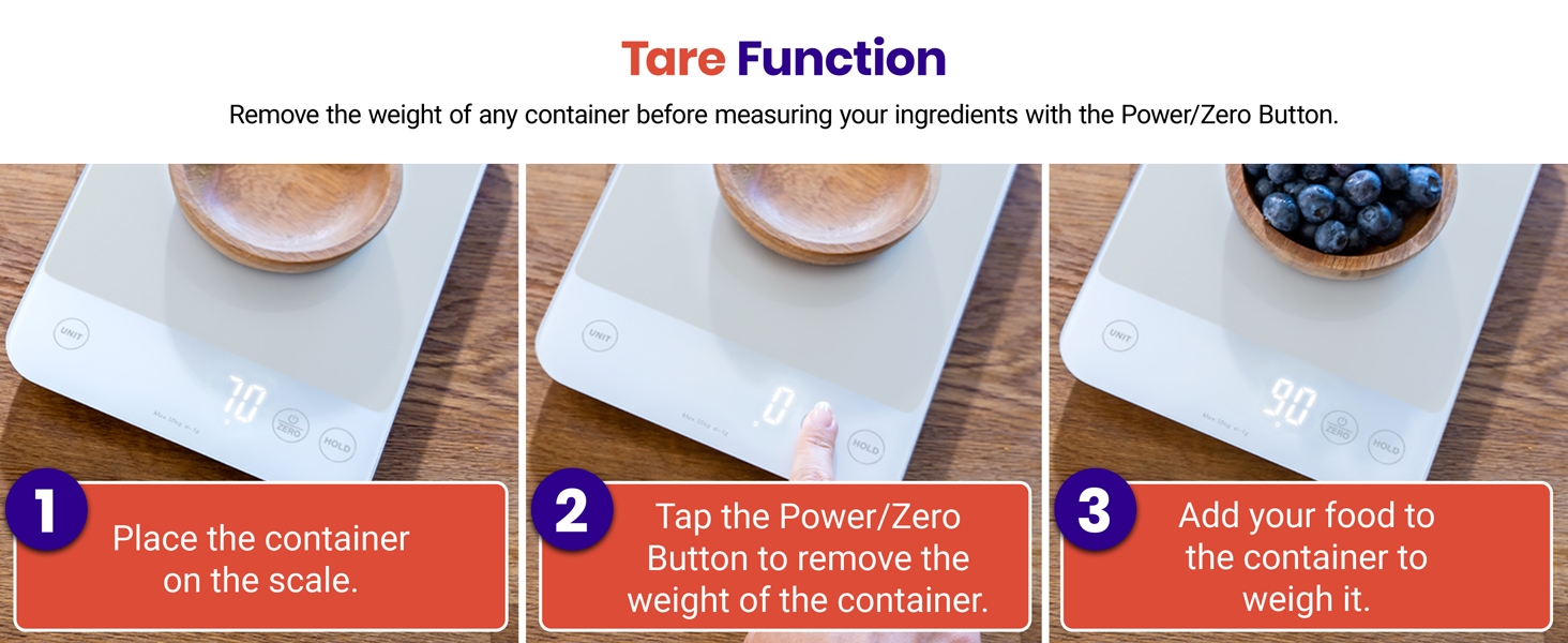 Press tare button to zero out container weight before measure food to get precise result