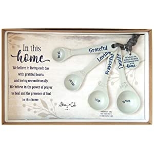 Light grey metal measuring spoon set of 4 with words grateful loving prayerful and family
