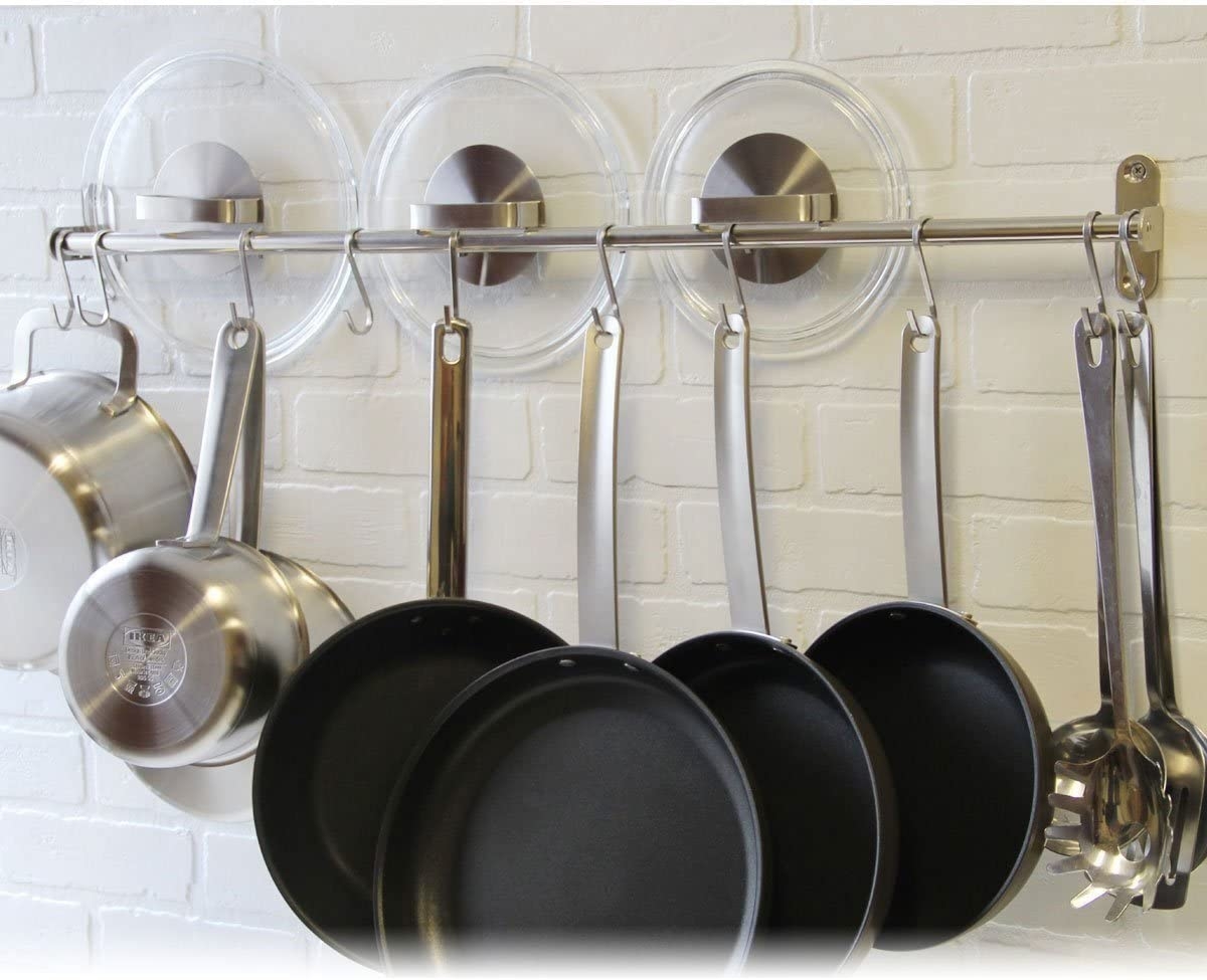 Premium Chefmate Stainless Steel Gourmet Kitchen 31.5 Inch Wall Mount Rail and 10 S Hooks Set Utensil Pot Pan Lid Rack Storage