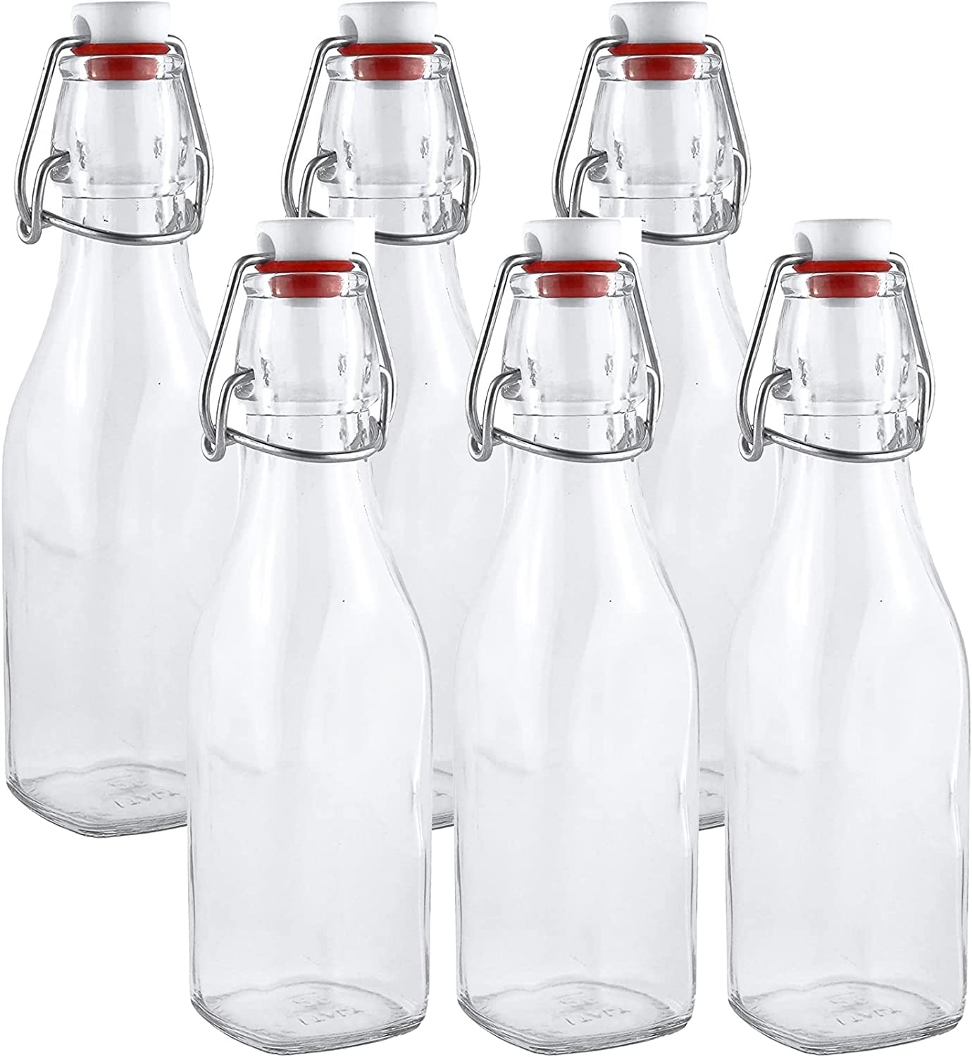 Estilo Swing Top Easy Cap Clear Glass Bottles, Round, 8.5 oz, Set of 6. Standard Size, Flip Top Glass Bottles to store home
