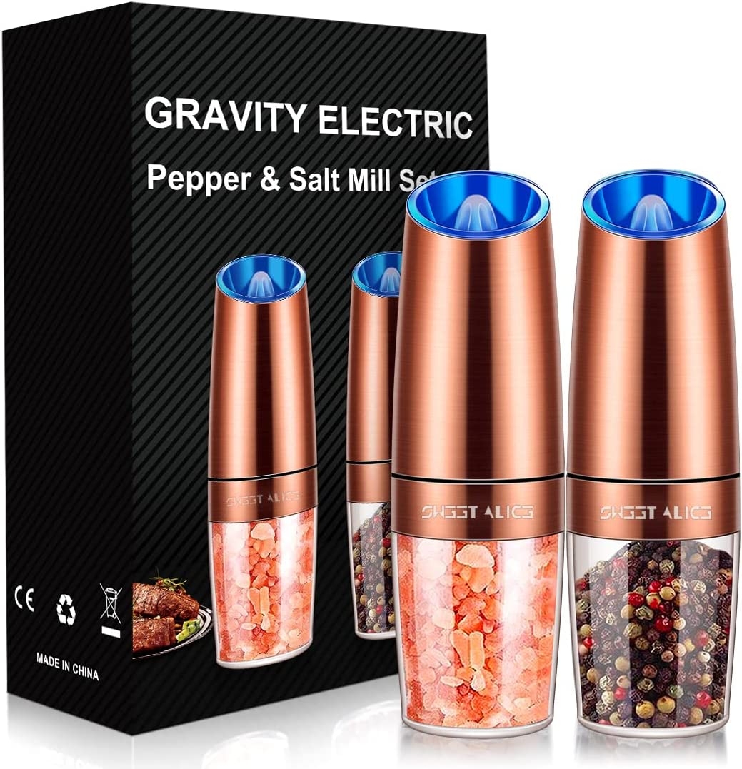 Gravity Electric Pepper Grinder, Salt and Pepper Mill & Adjustable Coarseness, Battery Powered with LED Light, One Hand