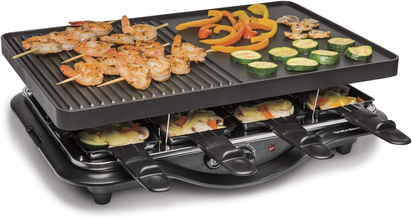 Hamilton Beach Electric Indoor Raclette Table Grill, 200 sq. in. Nonstick Griddle Serves up to 8 People for Parties and Family