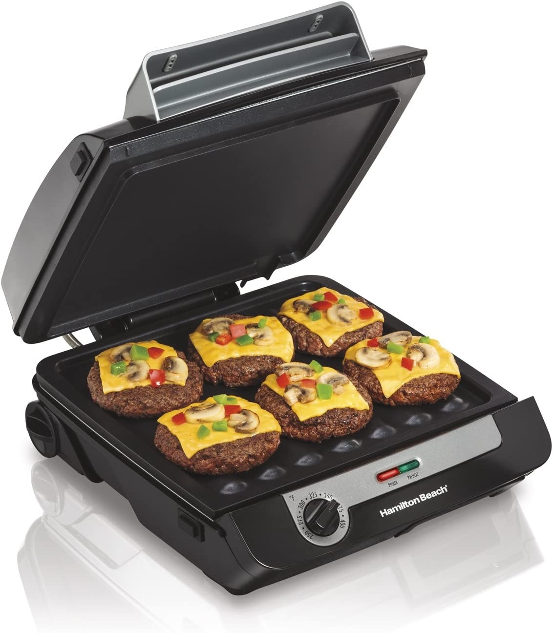 Hamilton Beach 4-in-1 Indoor Grill & Electric Griddle Combo with Bacon Cooker, Opens Flat to Double Cooking Surface, Removable