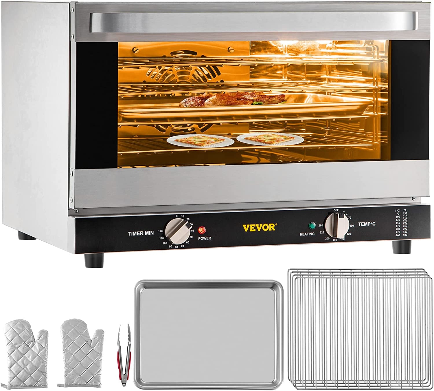 VEVOR Commercial Convection Oven, 47L/43Qt, Half-Size Conventional Oven Countertop, 1600W 4-Tier Toaster w/ Front Glass Door,