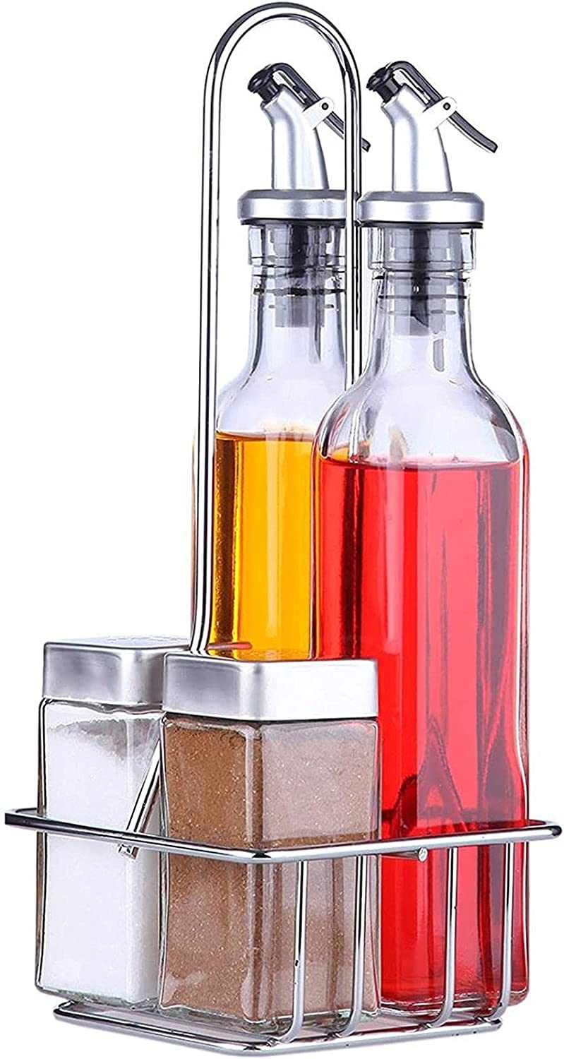 Oil and Vinegar Dispensers 5 Piece Combo Set – Includes Glass Cruet Set and Salt and Pepper Shakers with Convenient Caddy Stand