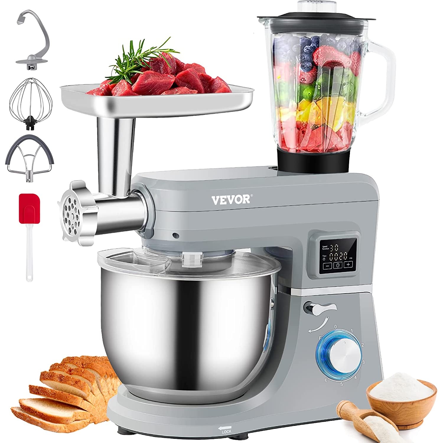 VEVOR Stand Mixer, 660W, 6-Speed Dough Mixer with LCD Screen Timing, All-in-One Food Mixer with 7.4Qt Stainless Bowl Dough Hook