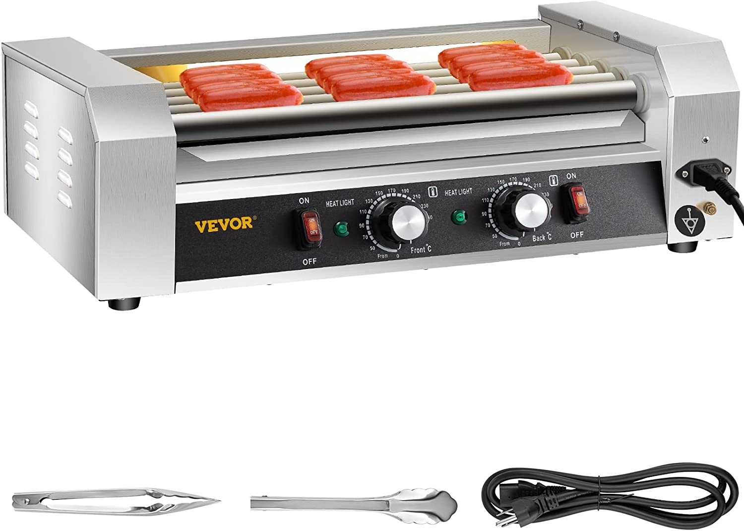 VEVOR Hot Dog Roller, 12 Hot Dog Capacity 5 Rollers, 750W Stainless Steel Cook Warmer Machine with Dual Temp Control, LED Light