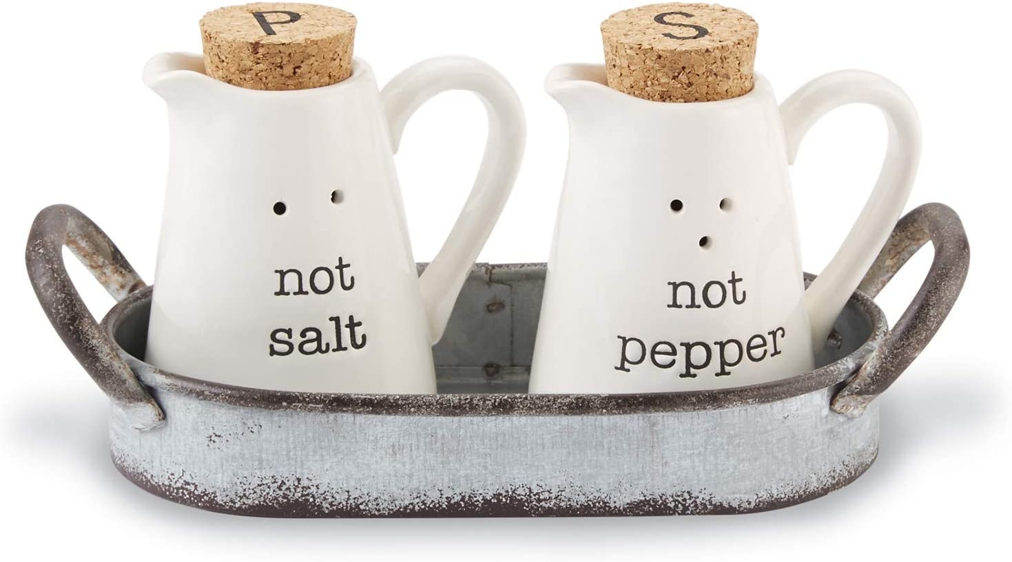 Mud Pie Farmhouse Inspired Ceramic Aluminum Salt and Pepper Caddy Set, One size, White Import To Shop ×Product customization