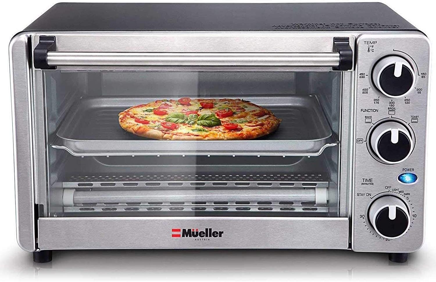 Toaster Oven 4 Slice, Multi-function Stainless Steel Finish with Timer – Toast – Bake – Broil Settings, Natural Convection –