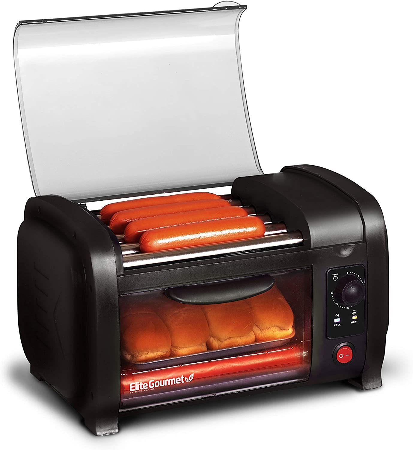Elite Cuisine EHD-051B Hot Dog Toaster Oven, 30-Min Timer, Stainless Steel Heat Rollers Bake & Crumb Tray, World Series