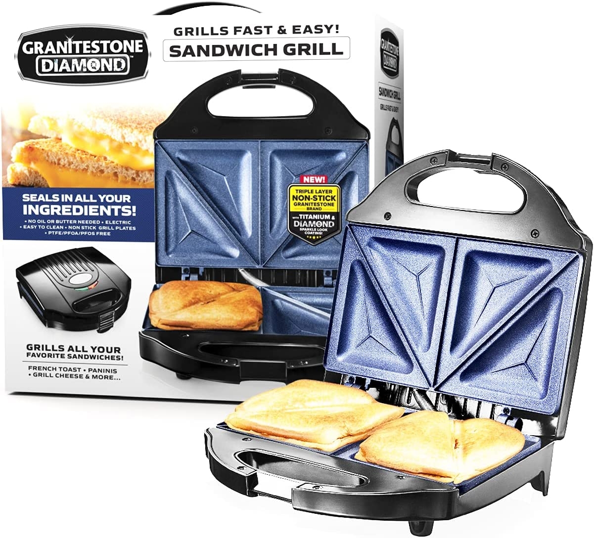 Granitestone Sandwich Maker, Toaster & Electric Panini Grill with Ultra Nonstick Mineral Surface – Makes 2 Sandwiches in Minutes
