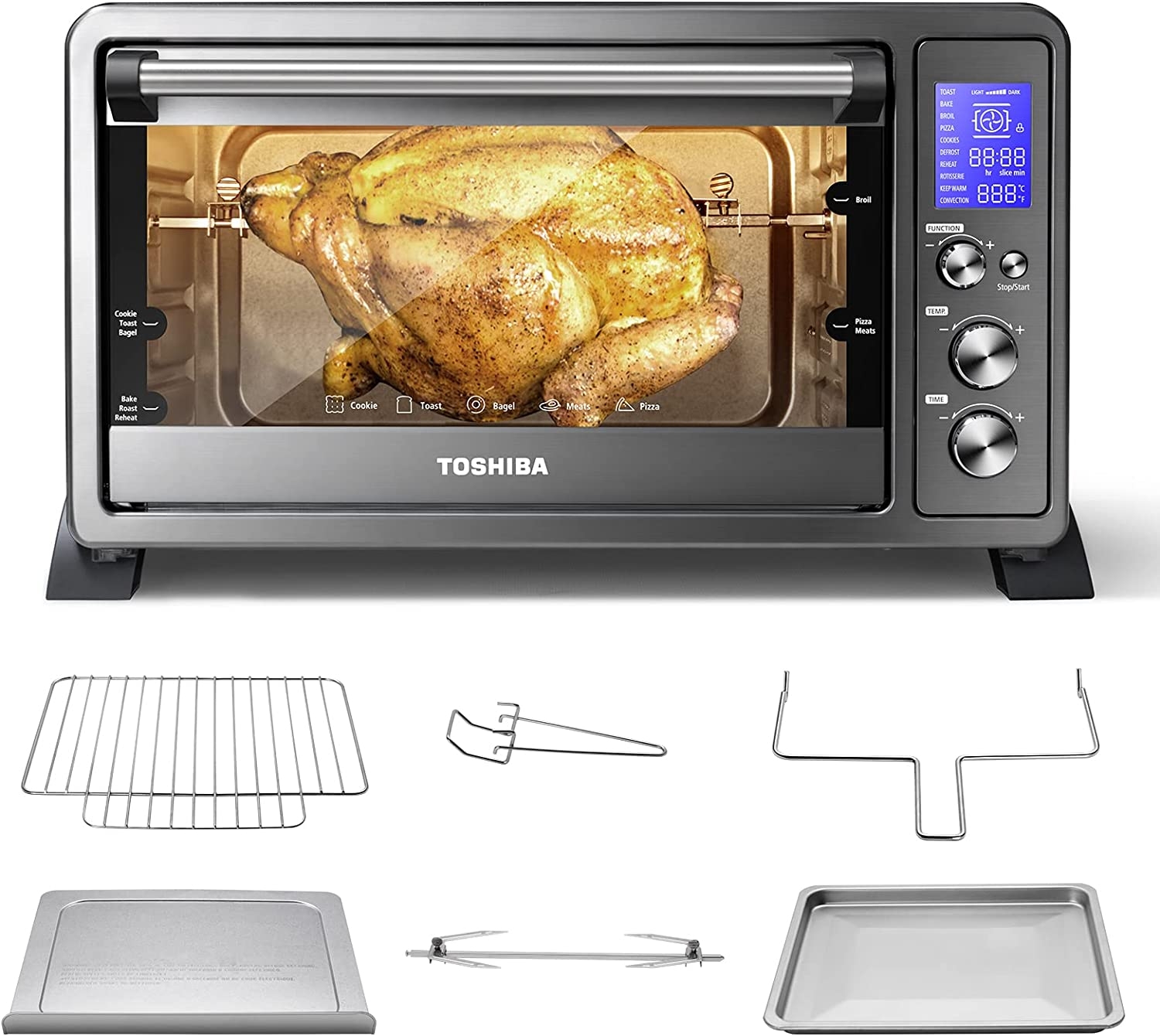 TOSHIBA AC25CEW-SS Large 6-Slice Convection Toaster Oven Countertop, 10-In-One with Toast, Pizza and Rotisserie, 1500W,