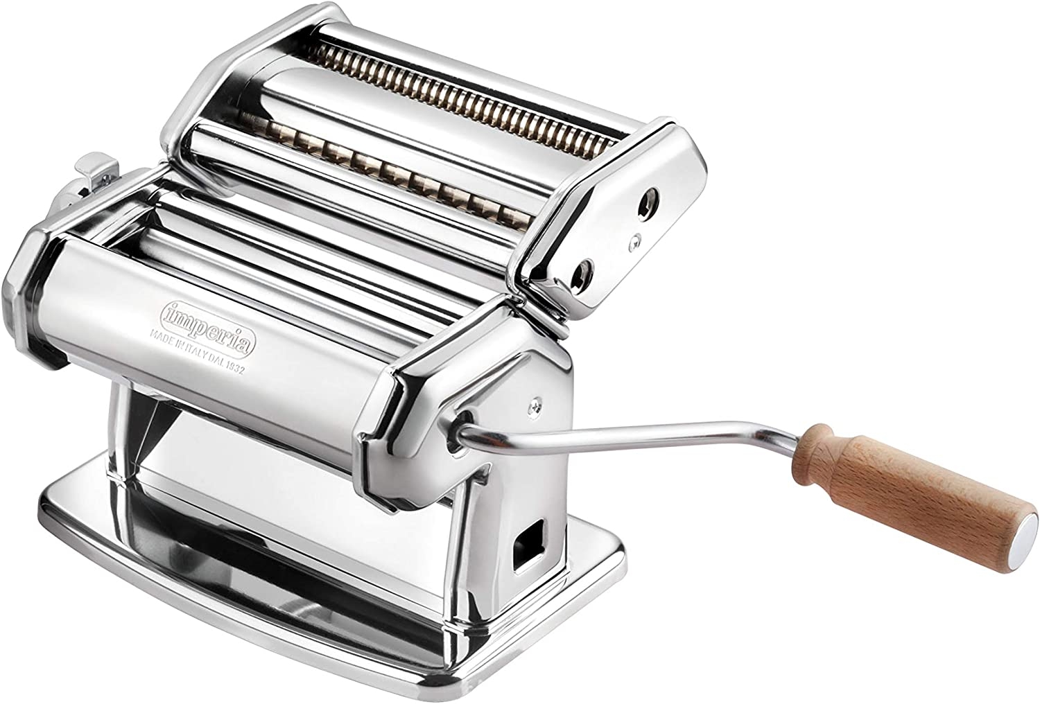 Imperia Pasta Maker Machine – Heavy Duty Steel Construction w Easy Lock Dial and Wood Grip Handle- Model 150 Made in Italy