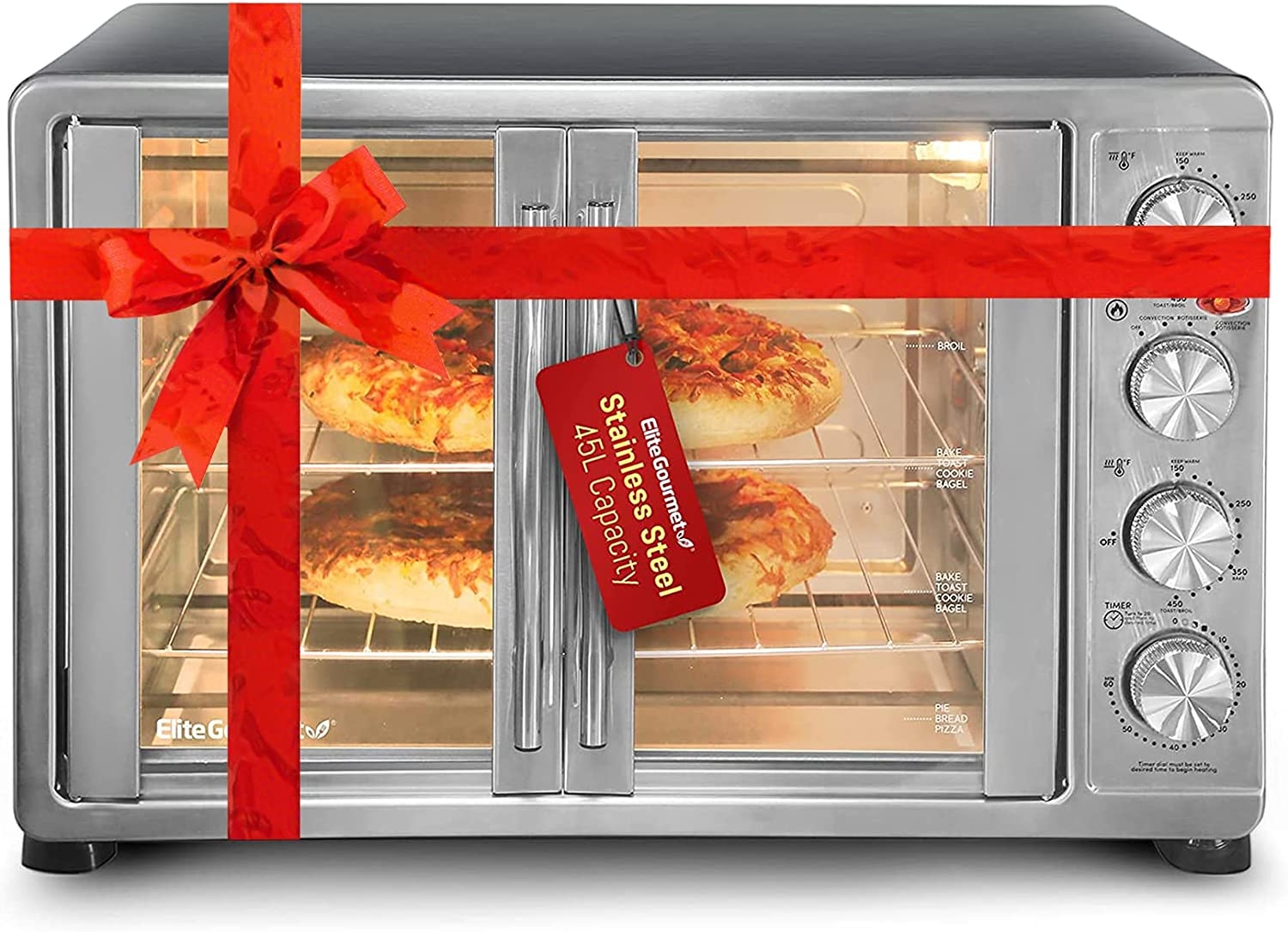 Elite Gourmet ETO4510B French Door 47.5Qt, 18-Slice Convection Oven 4-Control Knobs, Bake Broil Toast Rotisserie Keep Warm,