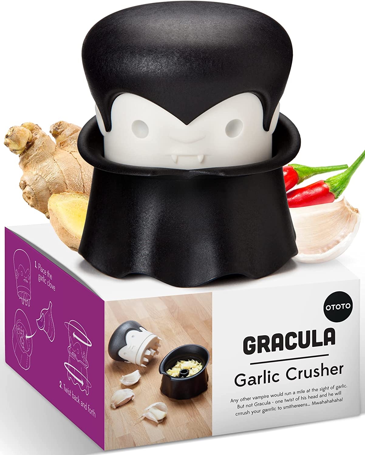 OTOTO Gracula Garlic Crusher – Halloween Kitchen Accessories – Twist Top Garlic Mincer & Easy Squeeze Manual Garlic Press &