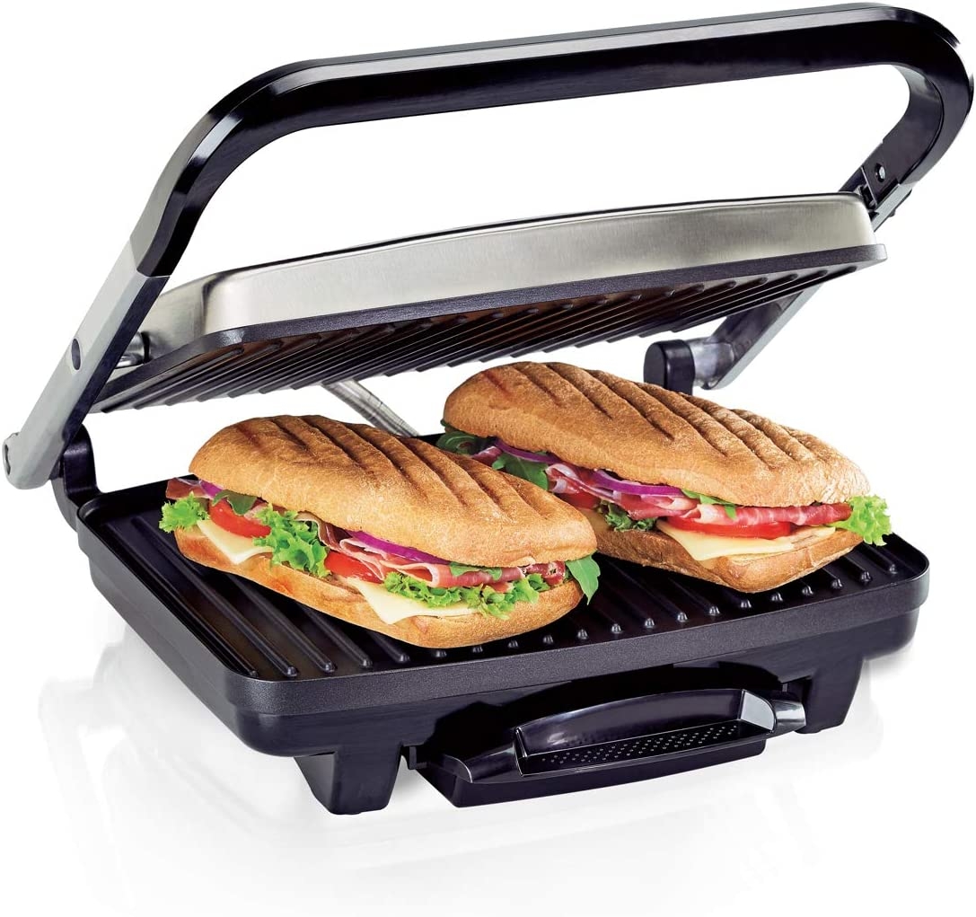 Hamilton Beach Panini Press, Sandwich Maker & Electric Indoor Grill, Upright Storage, Nonstick Easy Clean Grids, Stainless Steel