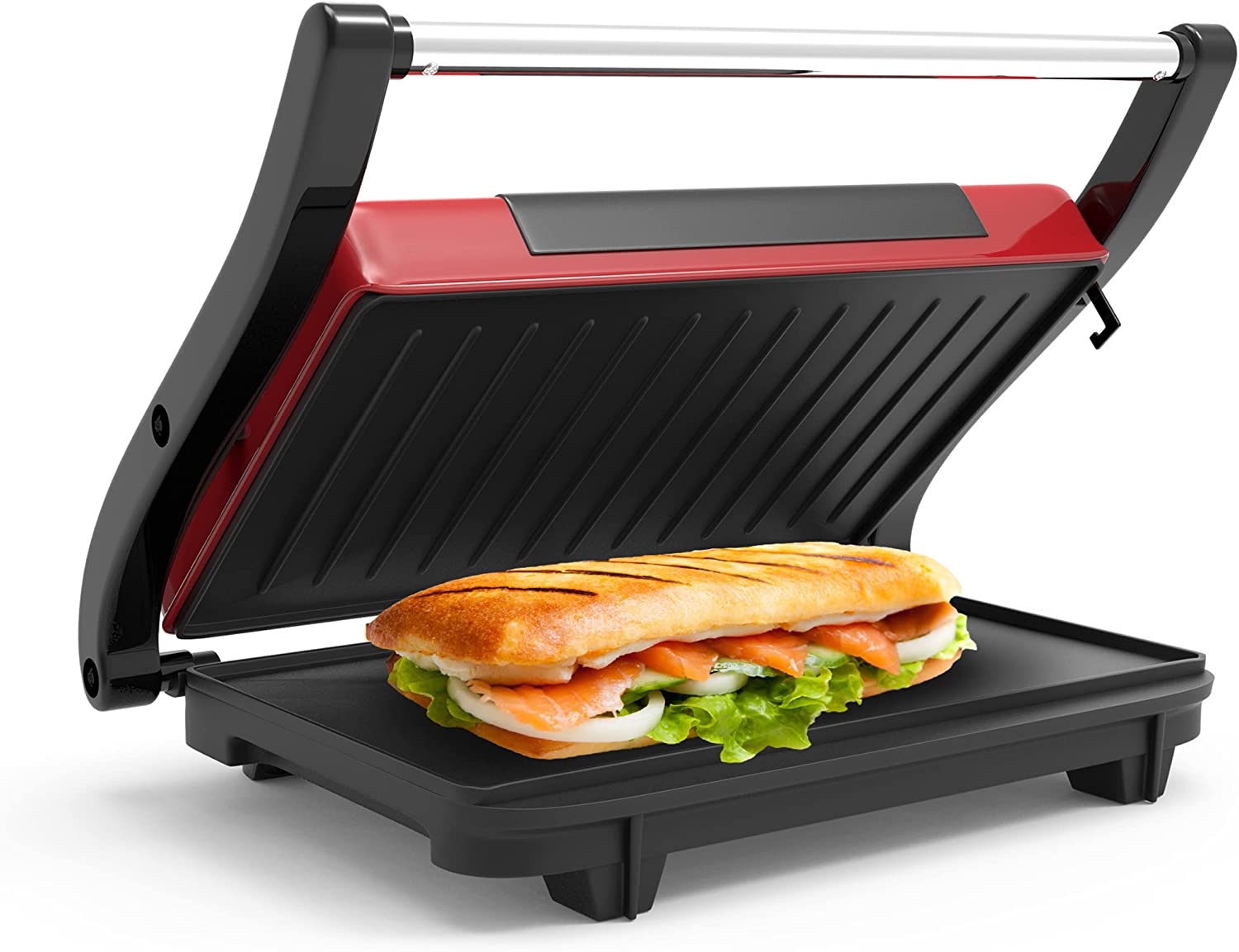 Chef Buddy Gourmet (Red) Panini Press – Sandwich Maker with Nonstick Plates – Indoor Countertop Cooking Burgers, Steak,