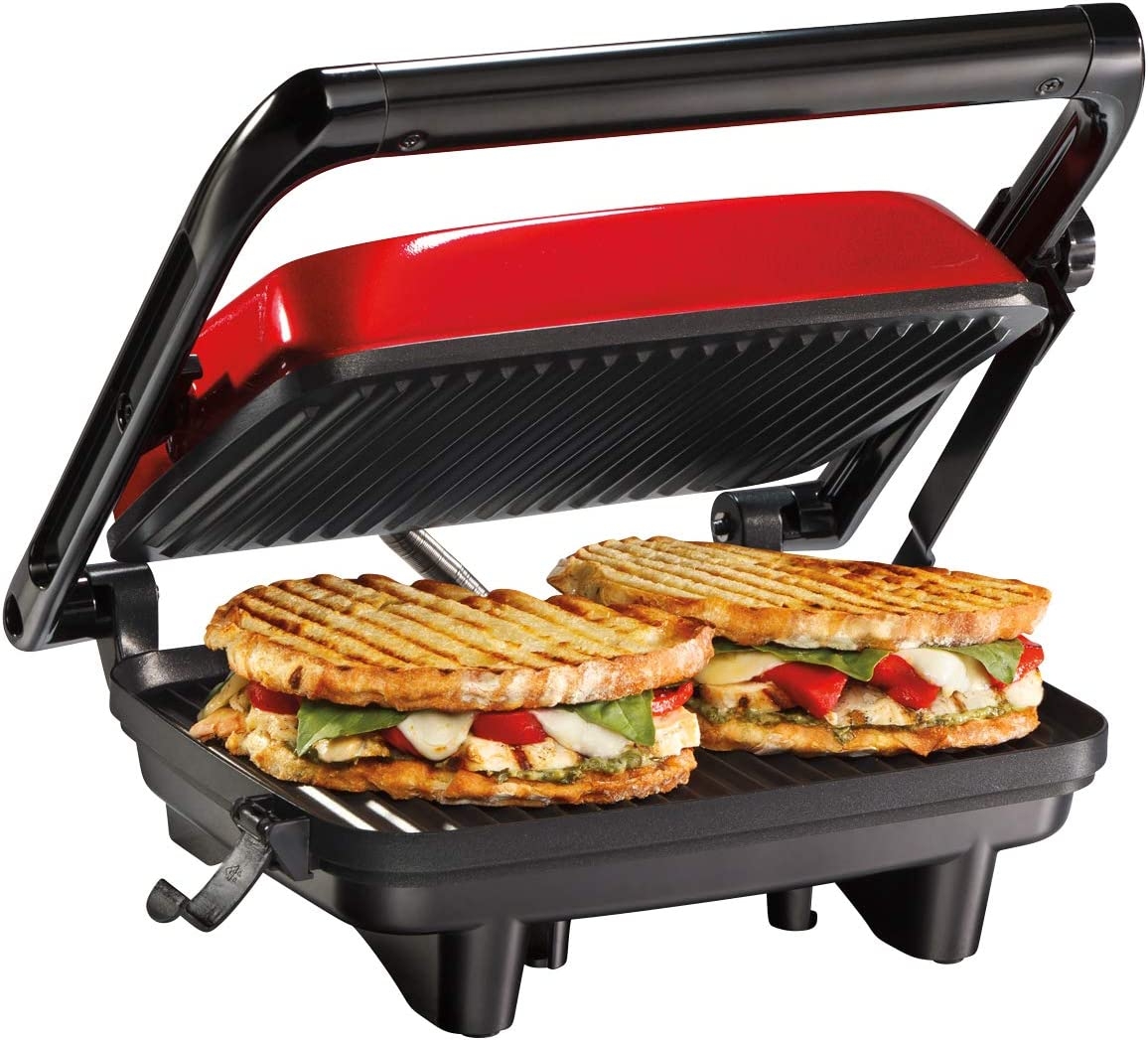 Hamilton Beach Electric Panini Press Grill with Locking Lid, Opens 180 Degrees for Any Sandwich Thickness, Nonstick 8″ X 10″