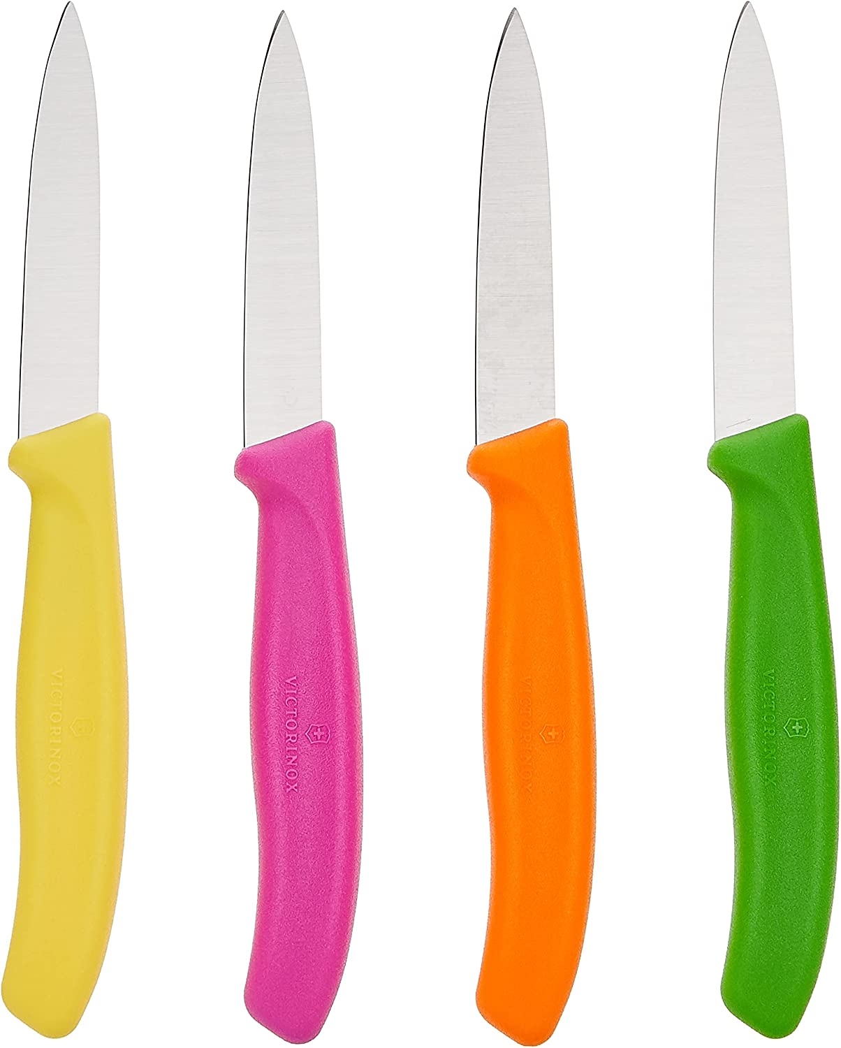 Victorinox 4-Piece Set of 3.25 Inch Swiss Classic Paring Knives with Straight Edge, Spear Point, 3.25″, Pink/Green/Yellow/Orange