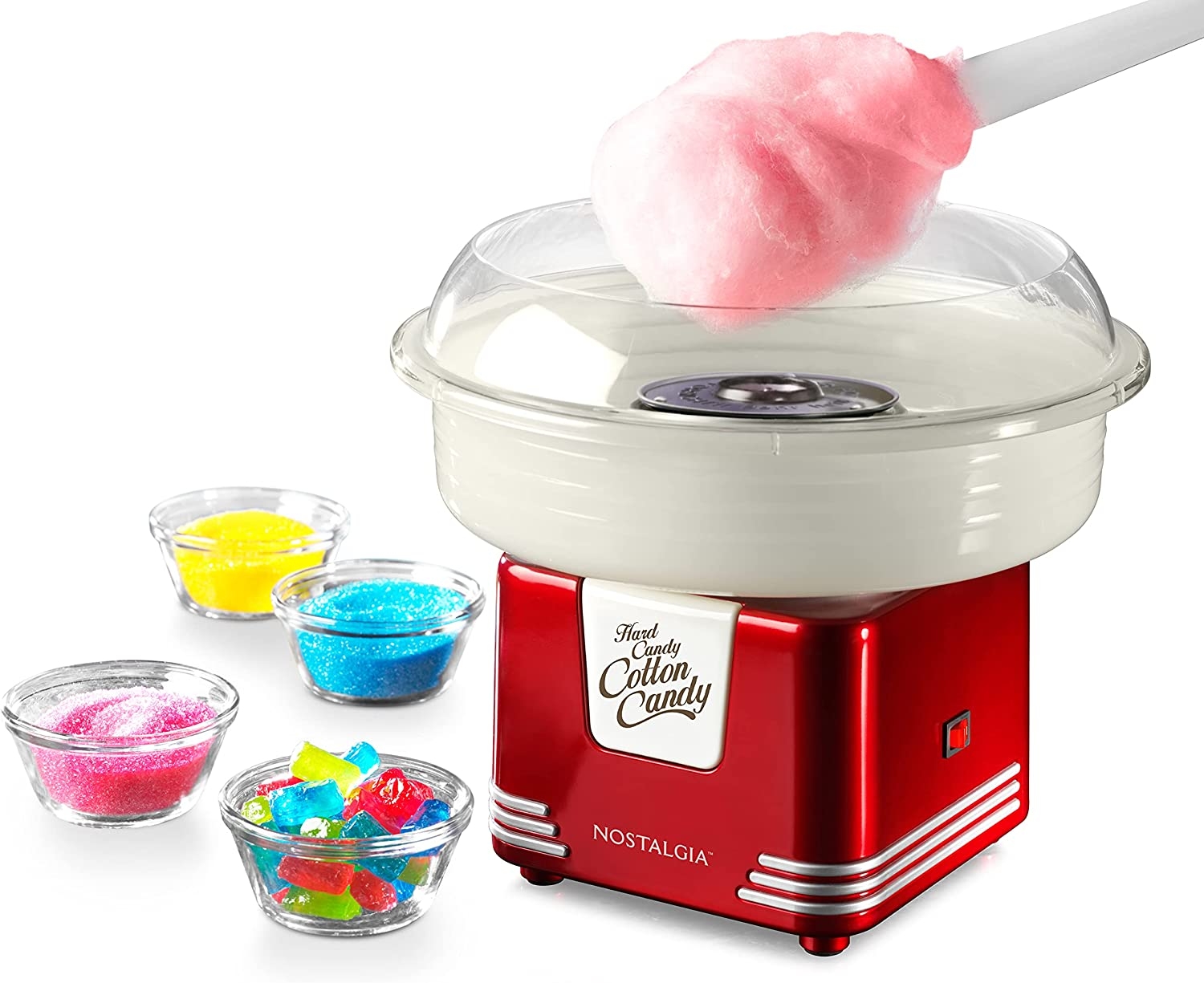 Nostalgia Retro Hard and Sugar Free Countertop Original Cotton Candy Maker, Includes 2 Reusable Cones and Scoop – Red Import