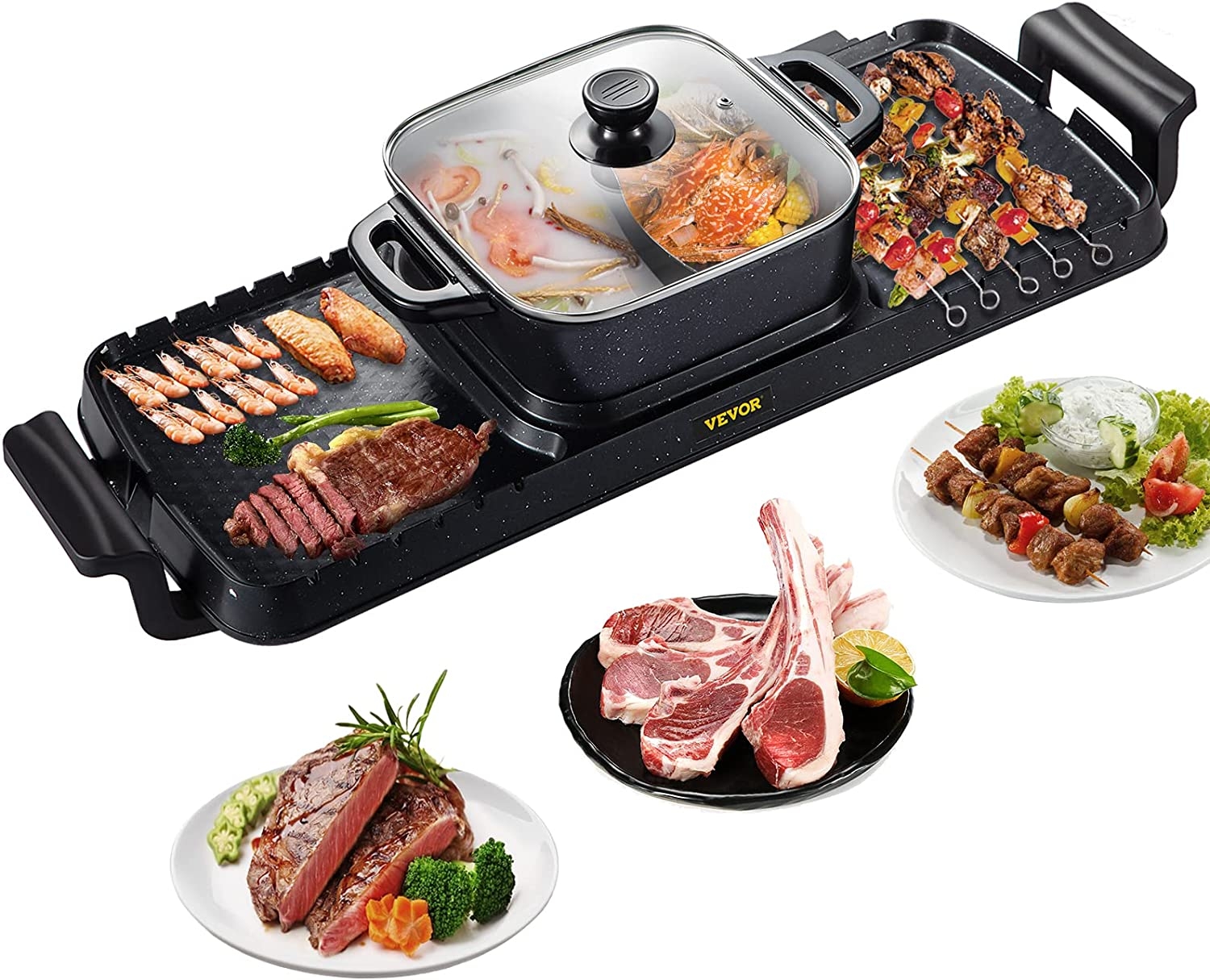 VEVOR 2 in 1 Electric Grill and Hot Pot, 2200W BBQ Pan Grill and Hot Pot, Multifunctional Teppanyaki Grill Pot with Dual Temp