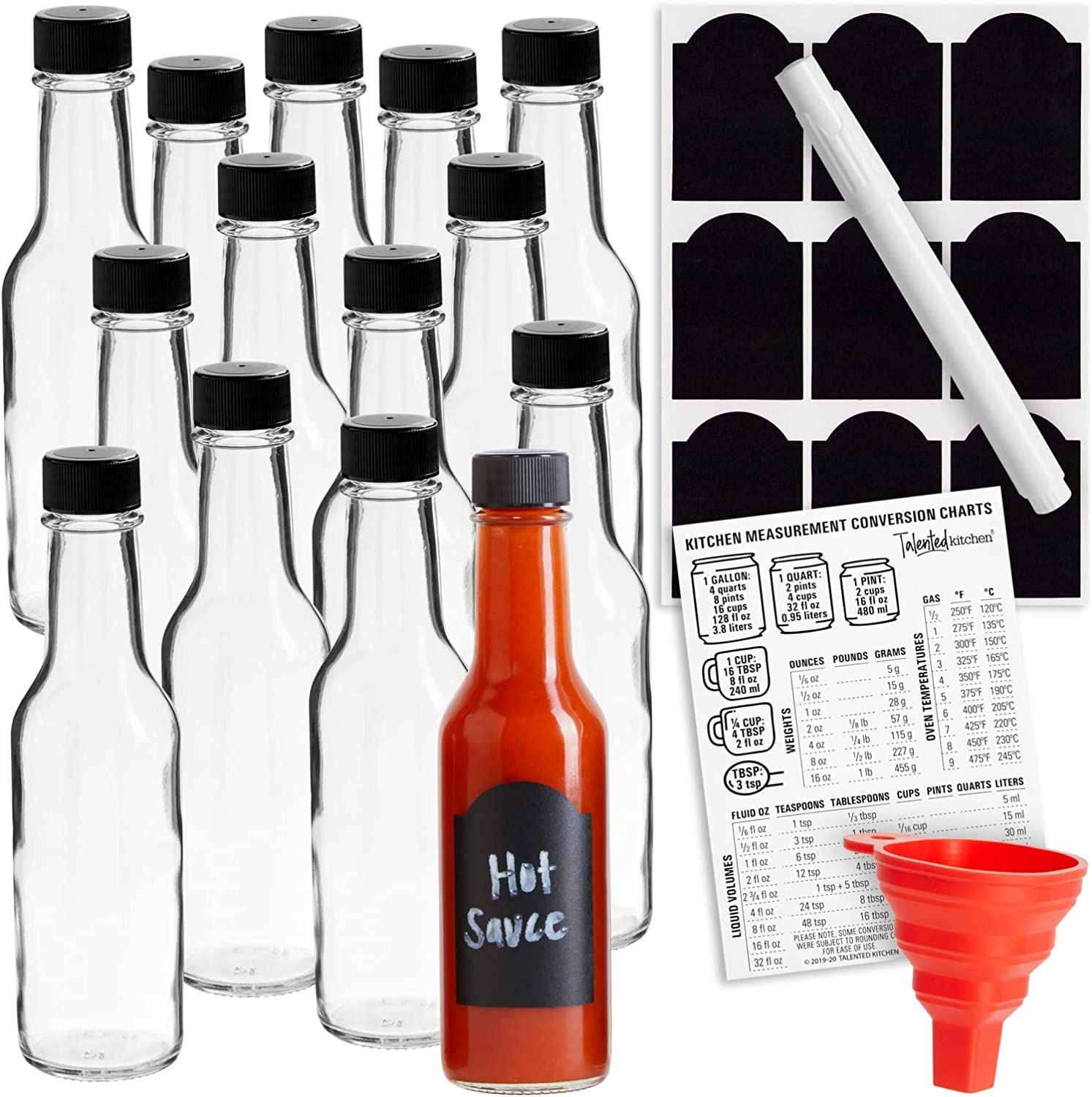Set of 14 Glass Hot Sauce Bottles with Caps, Funnel, Chalkboard Labels, Dripper Inserts (5 oz) Import To Shop ×Product