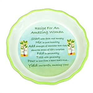 Green and white ceramic pie plate with recipe for an amazing woman and tree art printed on 