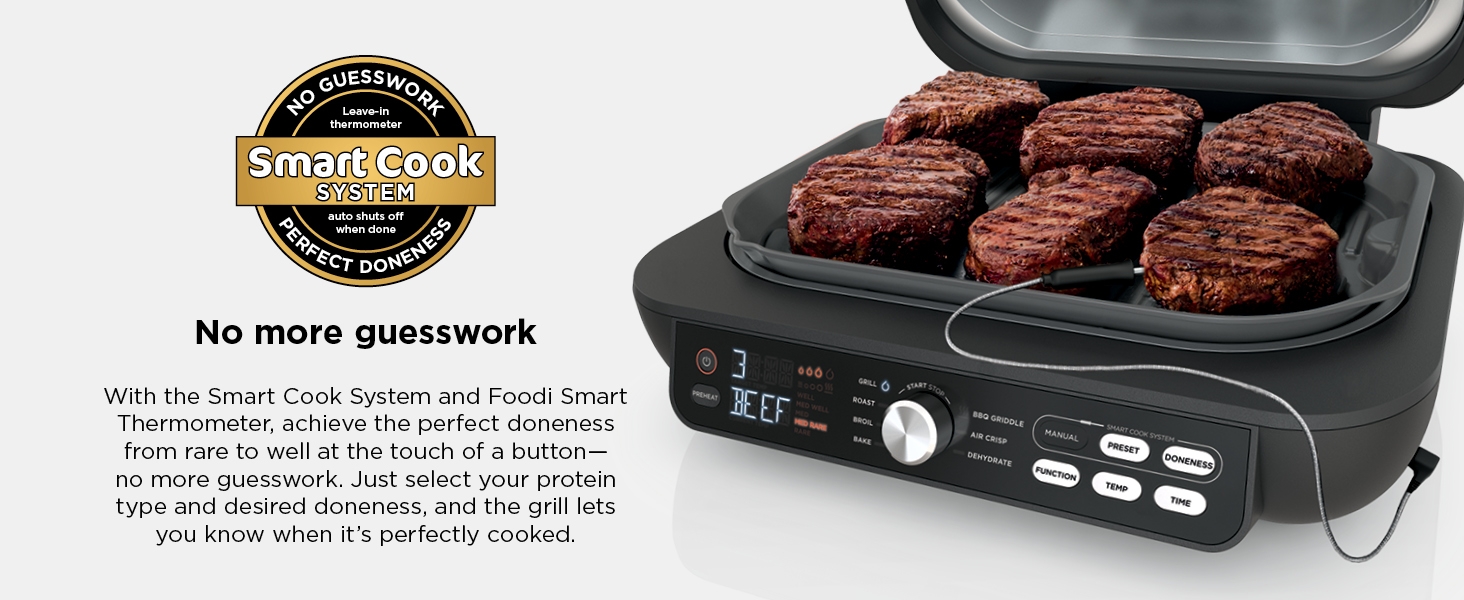 Just select your protein type & desired doneness, & the grill lets you know when it’s cooked.