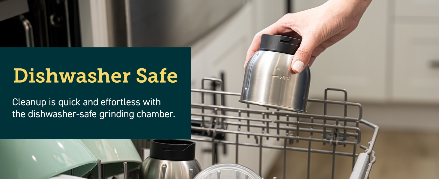 bean grinder's cleanup is quick and effortless with the dishwasher-safe grinding chamber.