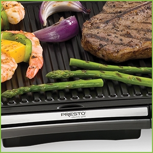 The healthy way to cook! Raised-grid grilling surface allows fat to drip away.