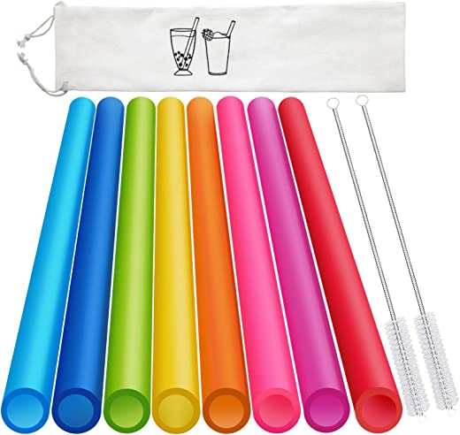 8 Pcs Extra Wide Reusable Smoothie Straws & Boba Straws with 1 Bag & 2 Brushes – Multicolor Big Jumbo Straws, BPA FREE Large Plastic Straws for…