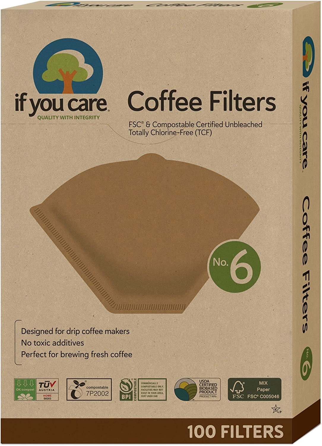 If You Care Unbleached Coffee Filters, 6 – Pack of 100 – Cone Shaped, All Natural, Biodegradable, Compostable, Chlorine Free