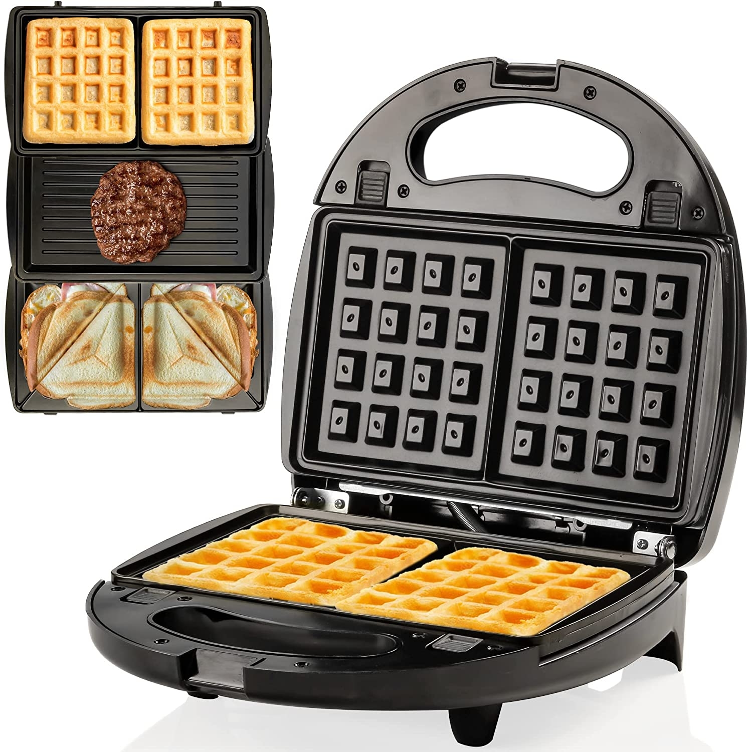 Ovente Electric Indoor Sandwich Grill and Waffle Maker Set with 3 Removable Non-Stick Plates, 750W Kitchen Essentials Perfect
