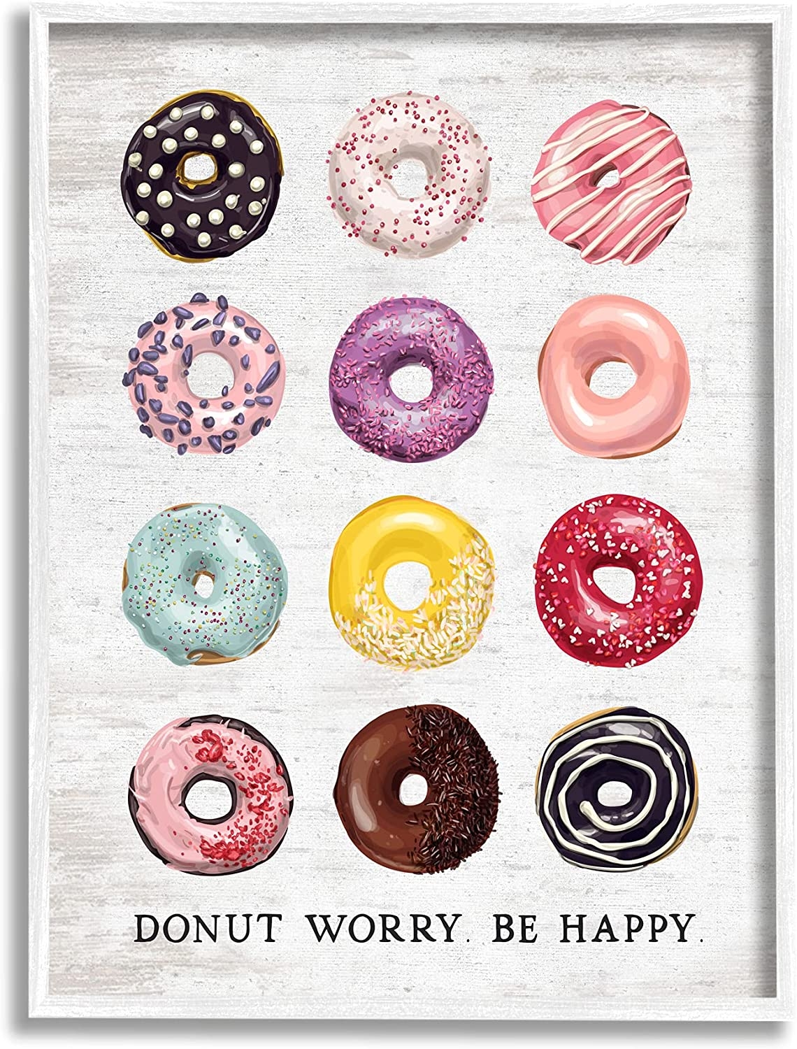 Stupell Industries Donut Worry Be Happy Pun Glazed Farmhouse Desserts, Designed by Lettered and Lined White Framed Wall Art, 24