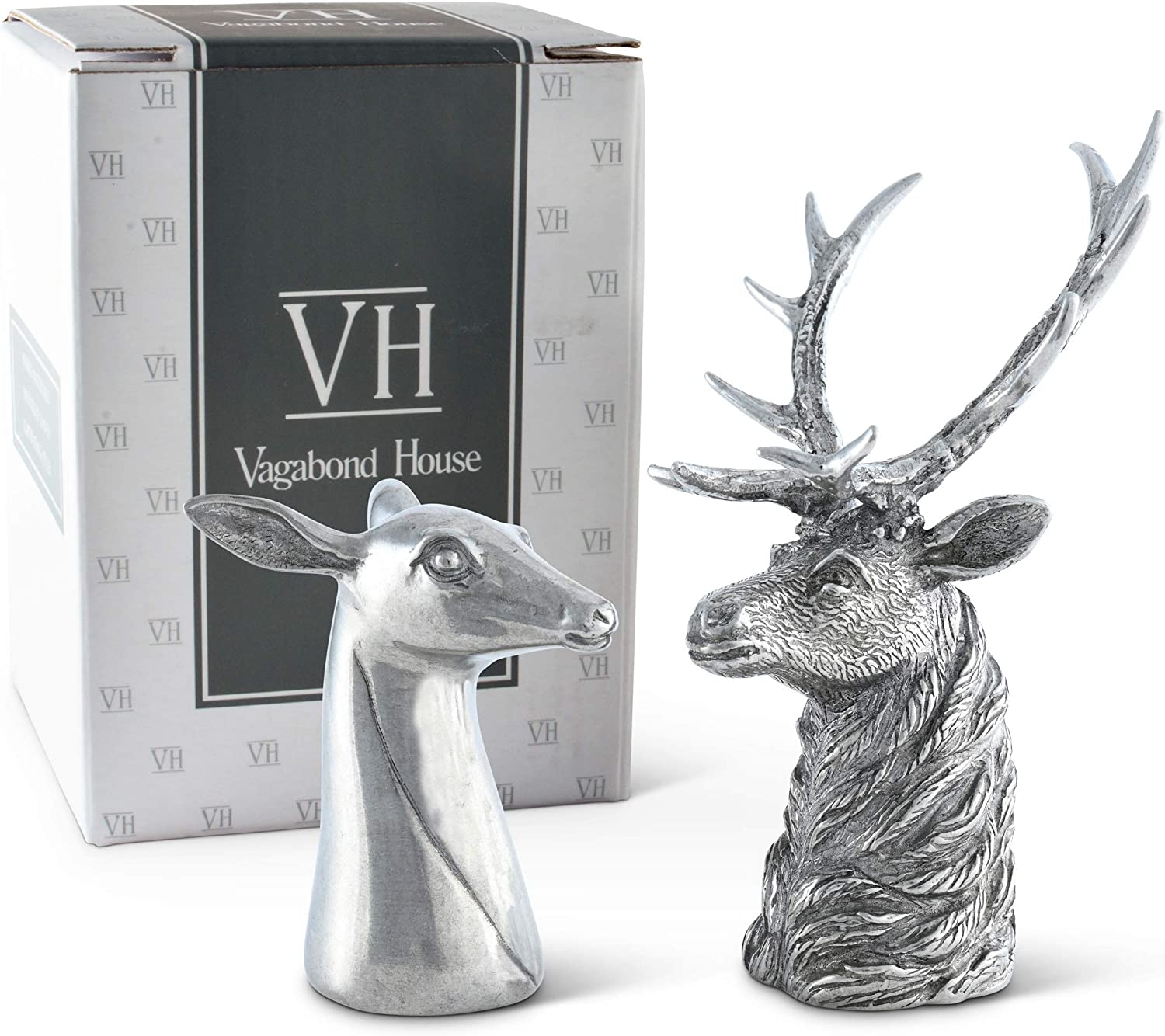 Vagabond House Pewter Metal Stag and Doe Salt & Pepper Shakers Set Artisan Designed Handcrafted for Refined Cabin Lodge Mountain