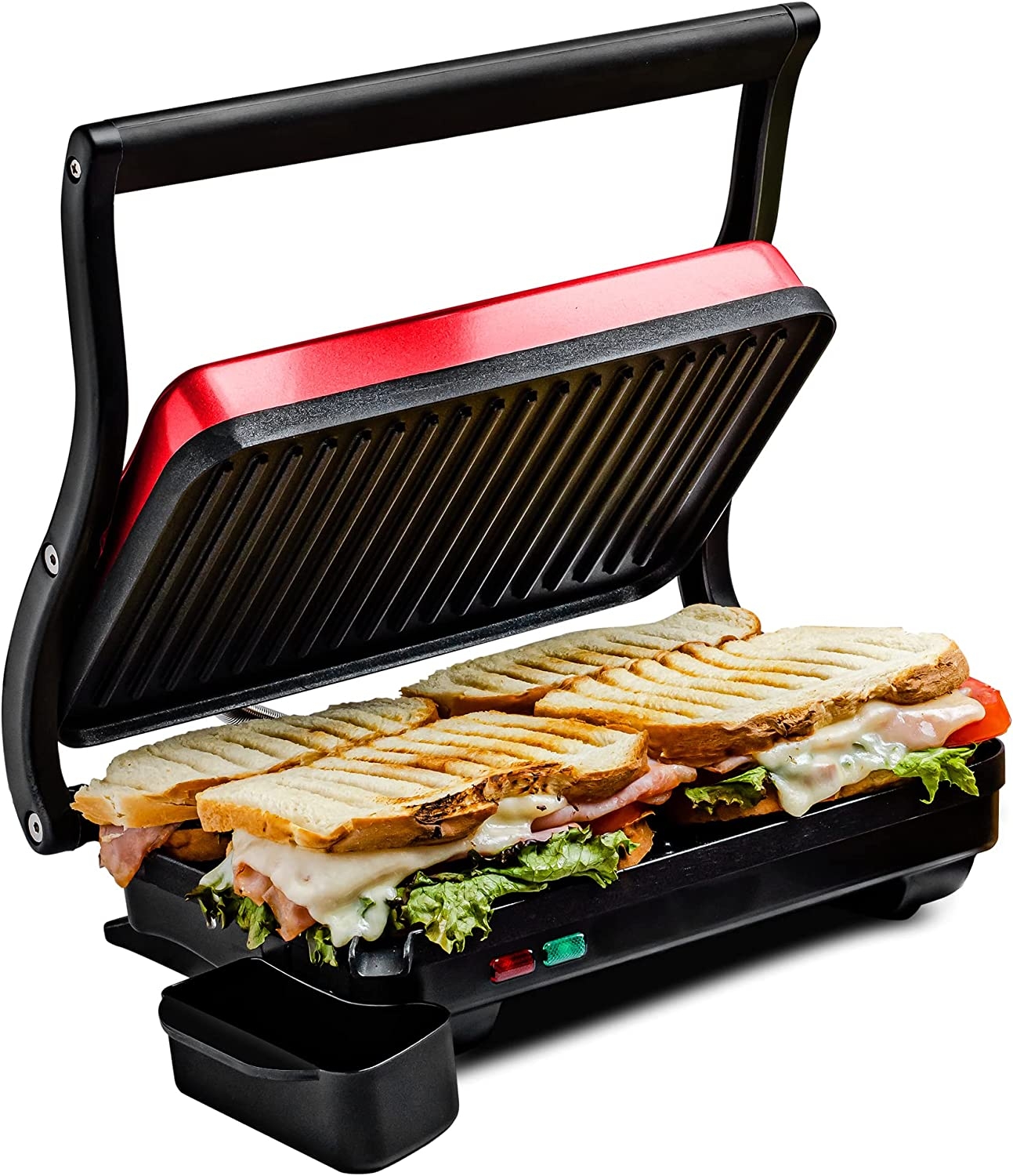Ovente 4 Slice Electric Indoor Panini Press Grill with Non-Stick Double Flat Cast Iron Cooking Plates & Removable Drip Tray,