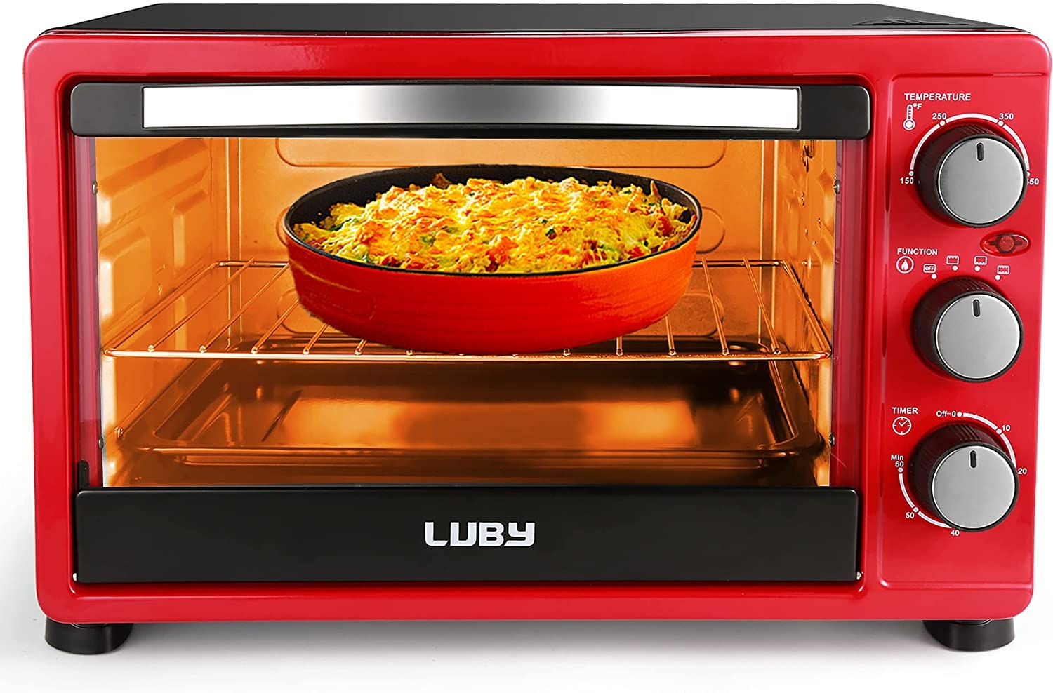 LUBY Convection Toaster Oven with Timer, Toast, Broil Settings, Includes Baking Pan, Rack and Crumb Tray, 6-Slice, Red Import To