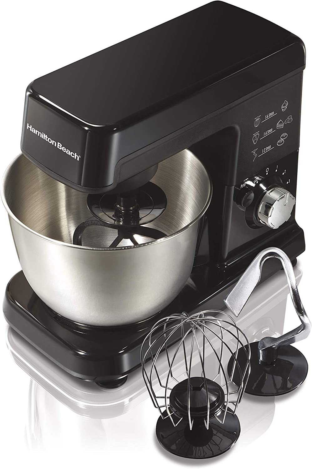 Hamilton Beach 6 Speed Electric Stand Mixer with Stainless Steel 3.5 Quart Bowl, Planetary Mixing, Tilt-Up Head (63326), 300W
