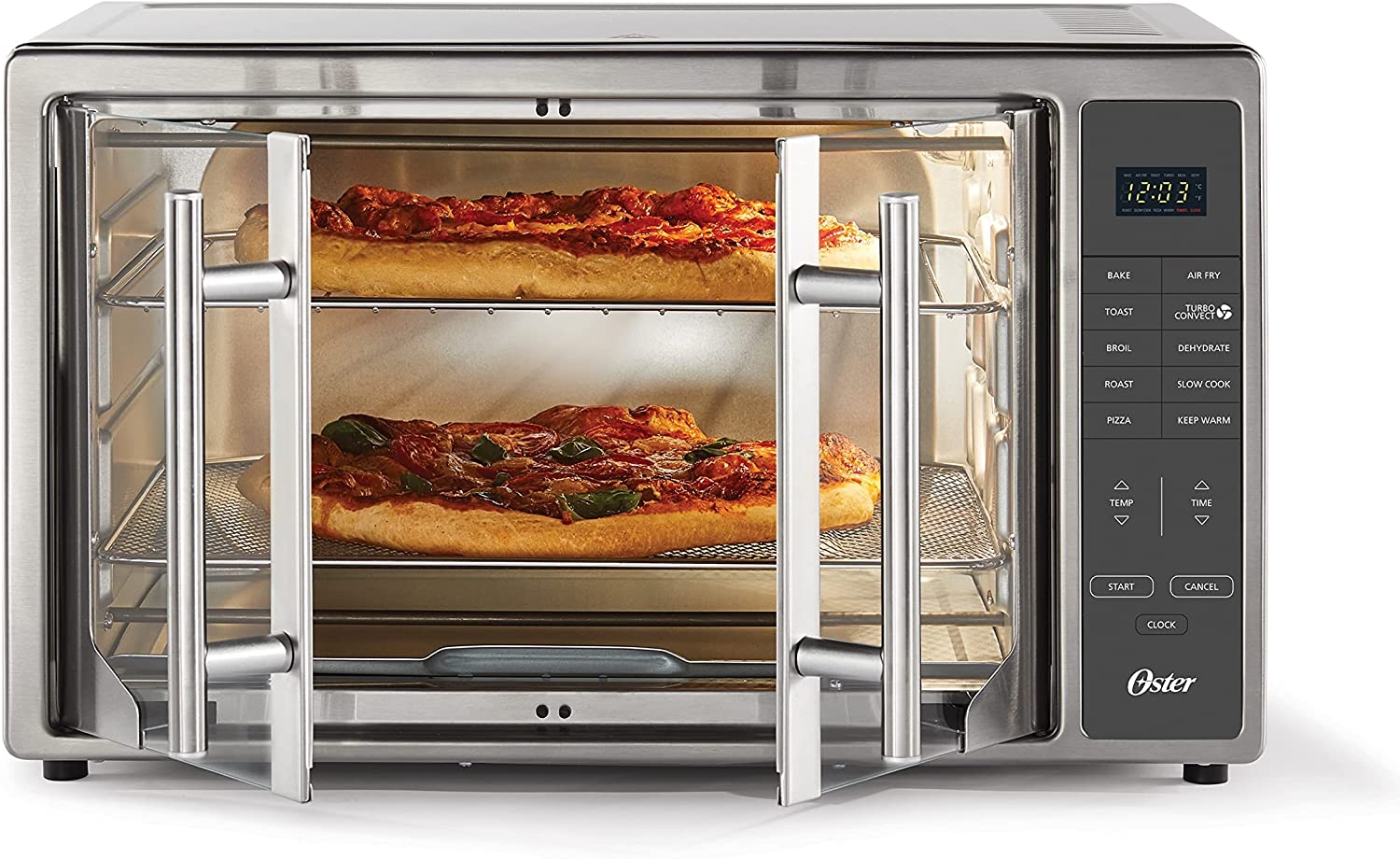 Oster Air Fryer Oven, 10-in-1 Countertop Toaster Oven, XL Fits 2 16″ Pizzas, Stainless Steel French Doors Import To Shop