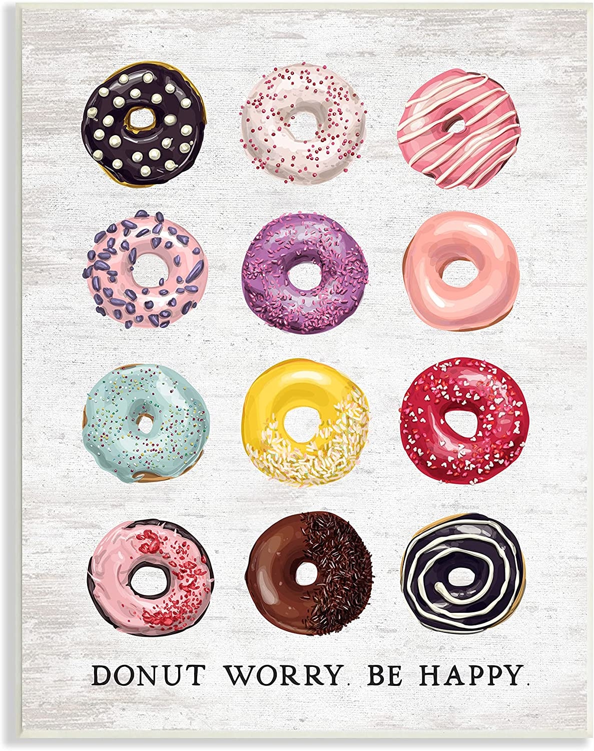Stupell Industries Donut Worry Be Happy Pun Glazed Farmhouse Desserts, Designed by Lettered and Lined Wall Plaque, 13 x 19,