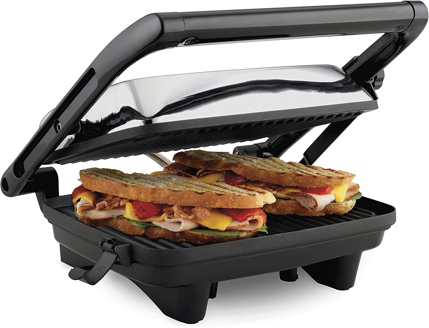 Hamilton Beach Electric Panini Press Grill with Locking Lid, Opens 180 Degrees for any Sandwich Thickness (25460A) Nonstick 8″ X