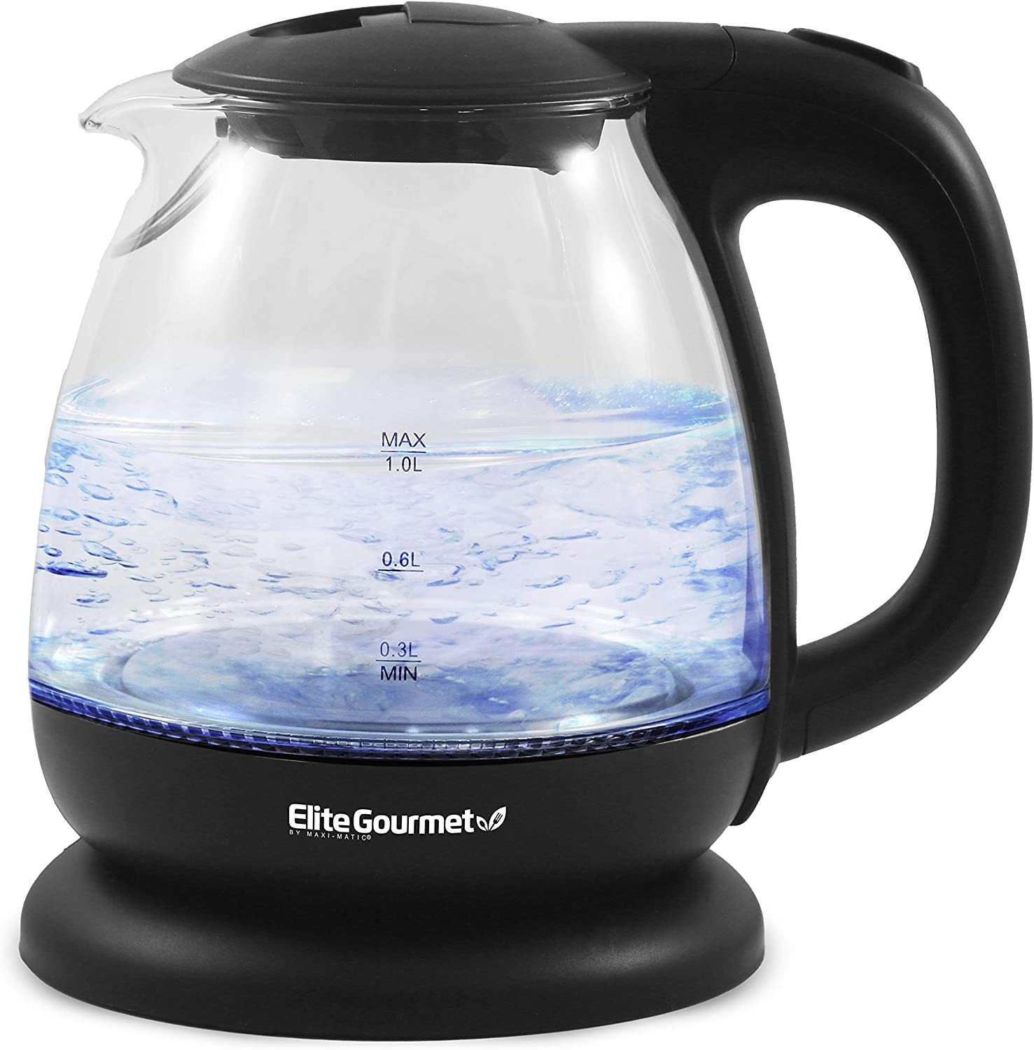 Elite Gourmet EKT1001B Electric 1.0L BPA-Free Glass Kettle Cordless 360° Base, Stylish Blue LED Interior, Handy Auto Shut-Off