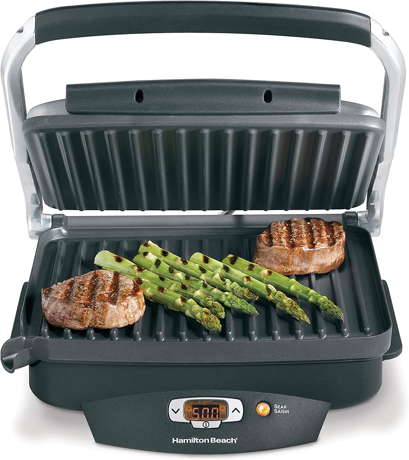 Hamilton Beach Steak Lover’s Electric Indoor Searing Grill, Nonstick 100 Square, Stainless Steel (25331), Black and Stainless,