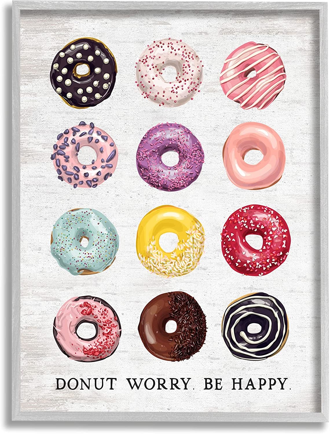 Stupell Industries Donut Worry Be Happy Pun Glazed Farmhouse Desserts, Designed by Lettered and Lined Gray Framed Wall Art, 16 x