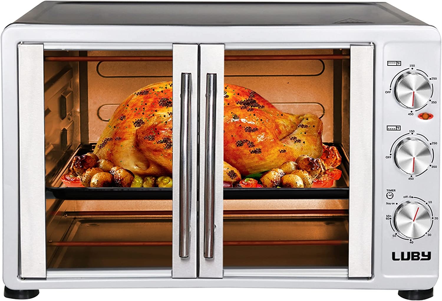 LUBY Large Toaster Oven Countertop, French Door Designed, 55L, 18 Slices, 14” pizza, 20lb Turkey, Silver Import To Shop