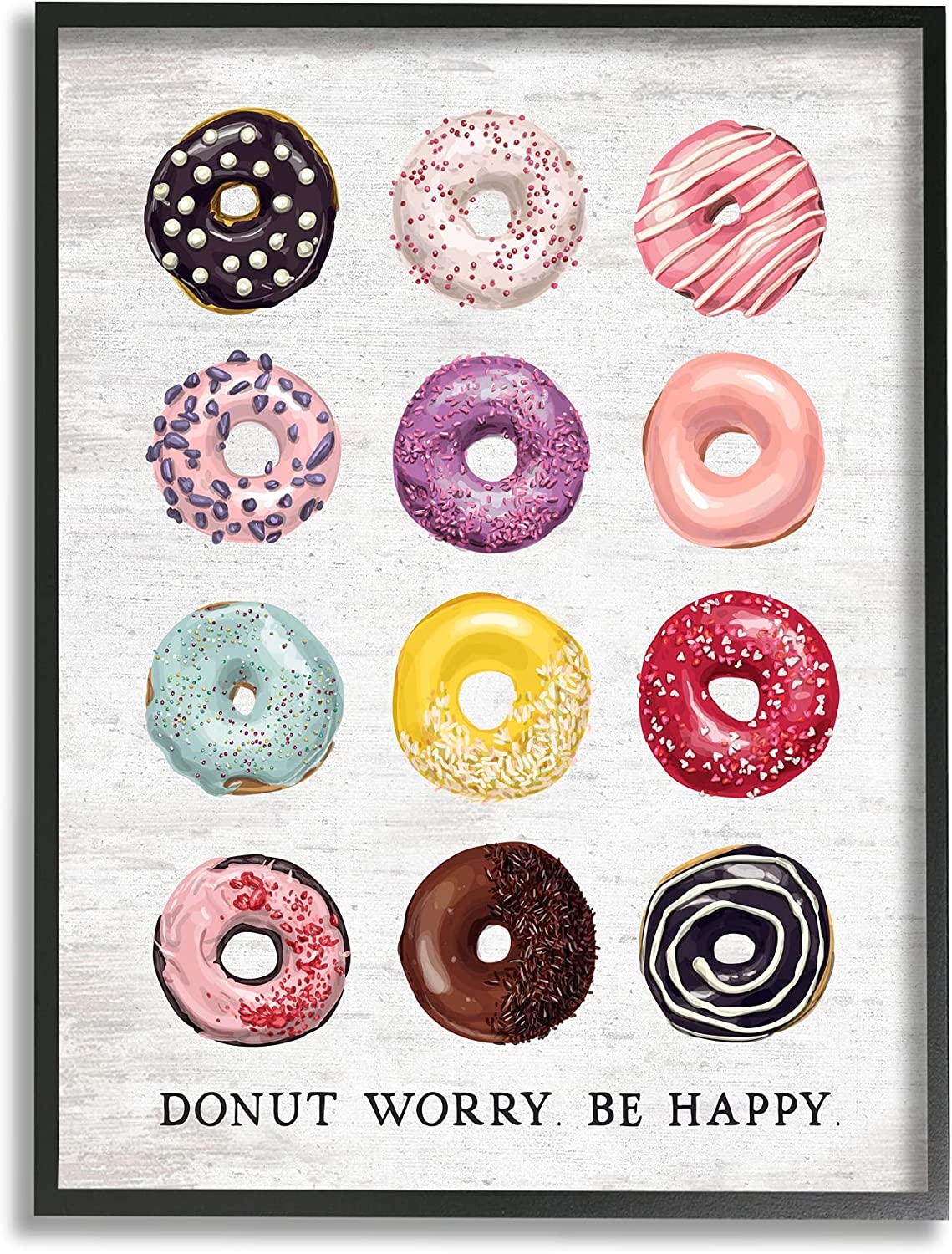 Stupell Industries Donut Worry Be Happy Pun Glazed Farmhouse Desserts, Designed by Lettered and Lined Black Framed Wall Art, 16